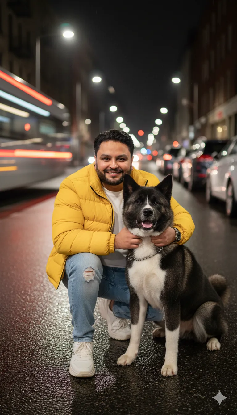 AI Prompt 311 A handsome man with a beard crouching on a city street at night
