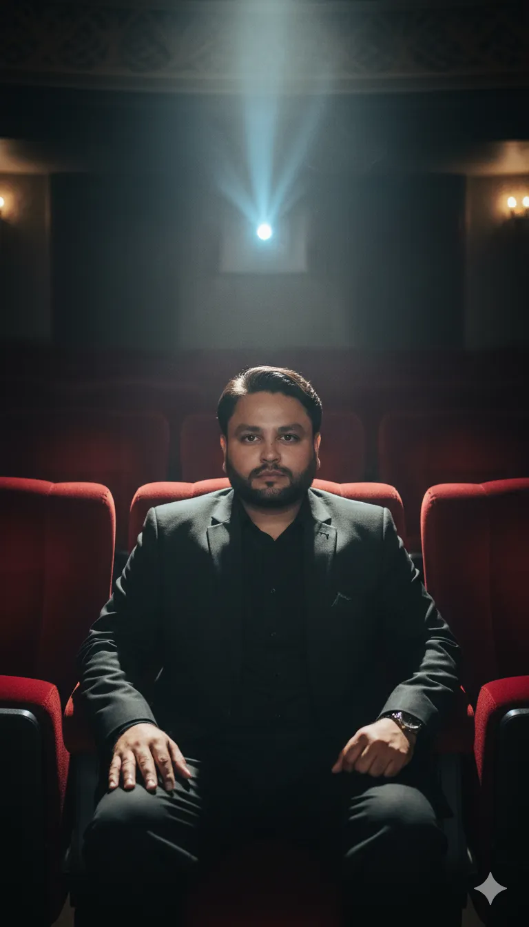 AI Prompt 315 Moody cinematic interior of a man sitting in a vintage cinema