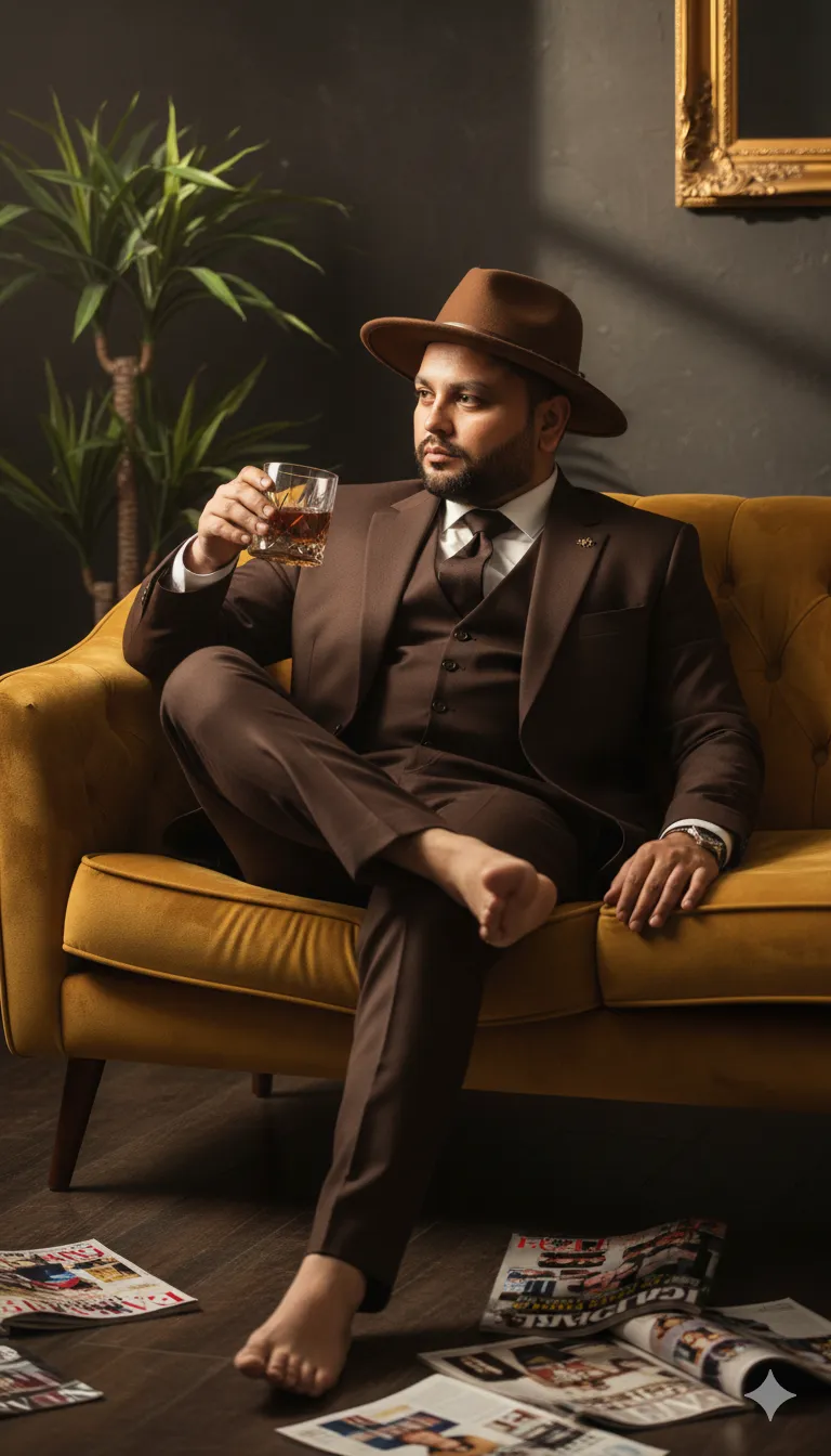 AI Prompt 316 Ecitorial cinematic portrait of a bearded man reclining on a mustard couch