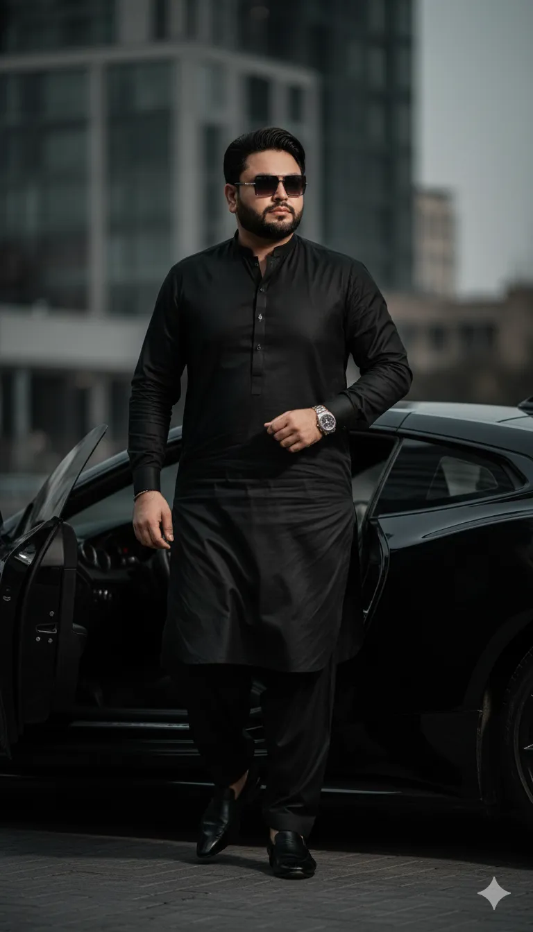Rana Zeeshan Ahmad Founder & CEO For ITWORLD's AI Prompt 324 A 29 years old stylish Pakistani man in a sleek black Shalwar Kameez