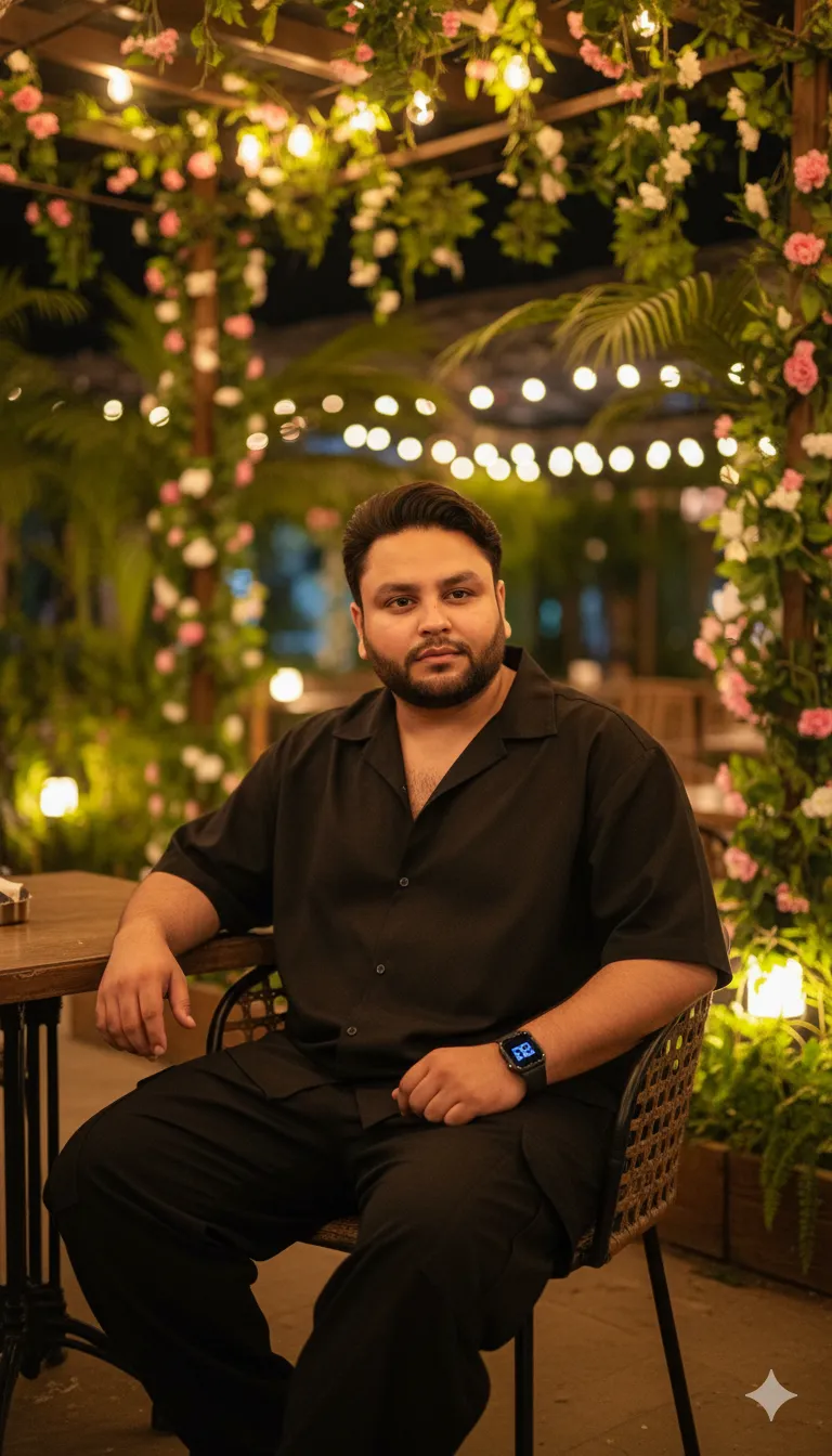 AI Prompt 329 He wears a loose black shirt, black baggy cargos, and a black smartwatch on his left wrist, exuding confidence.