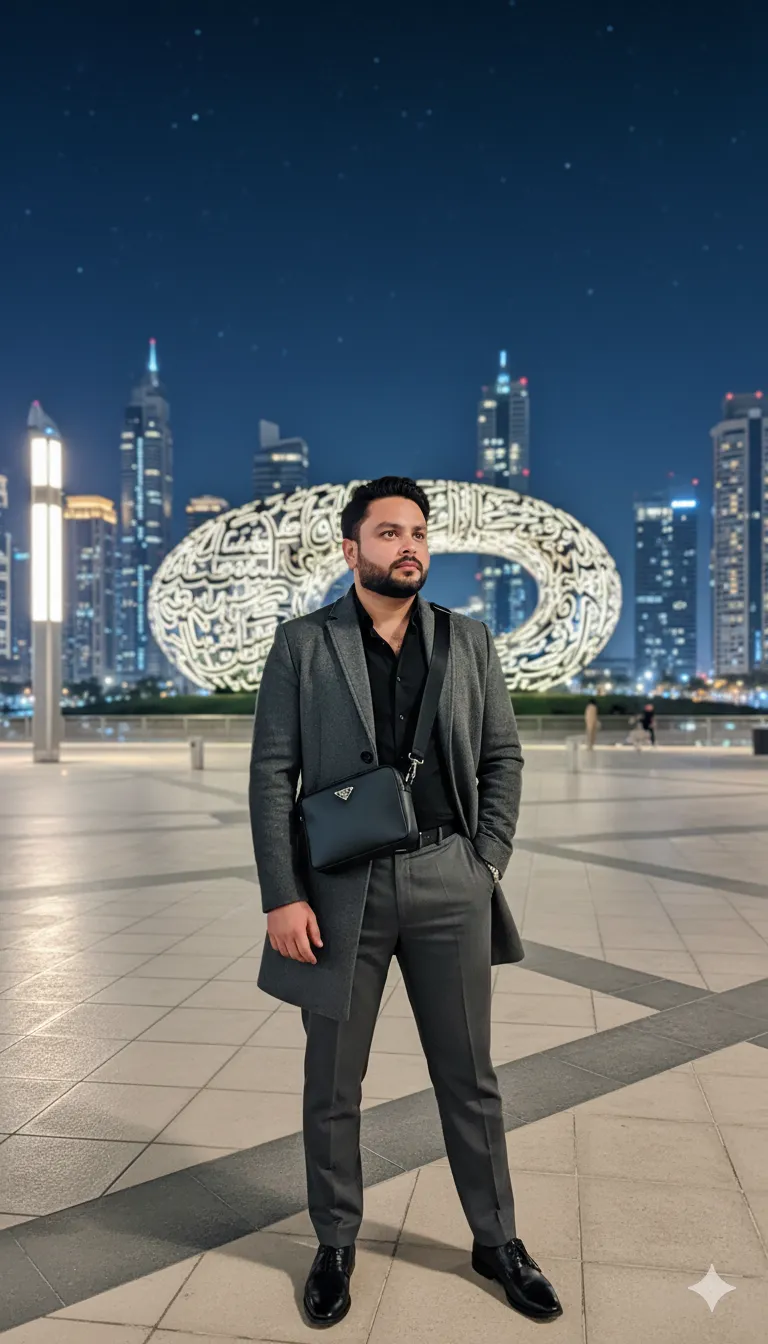 AI Prompt 331 A full-body shot of a 29 years old stylish Pakistani man with neatly trimmed beard and dark hair