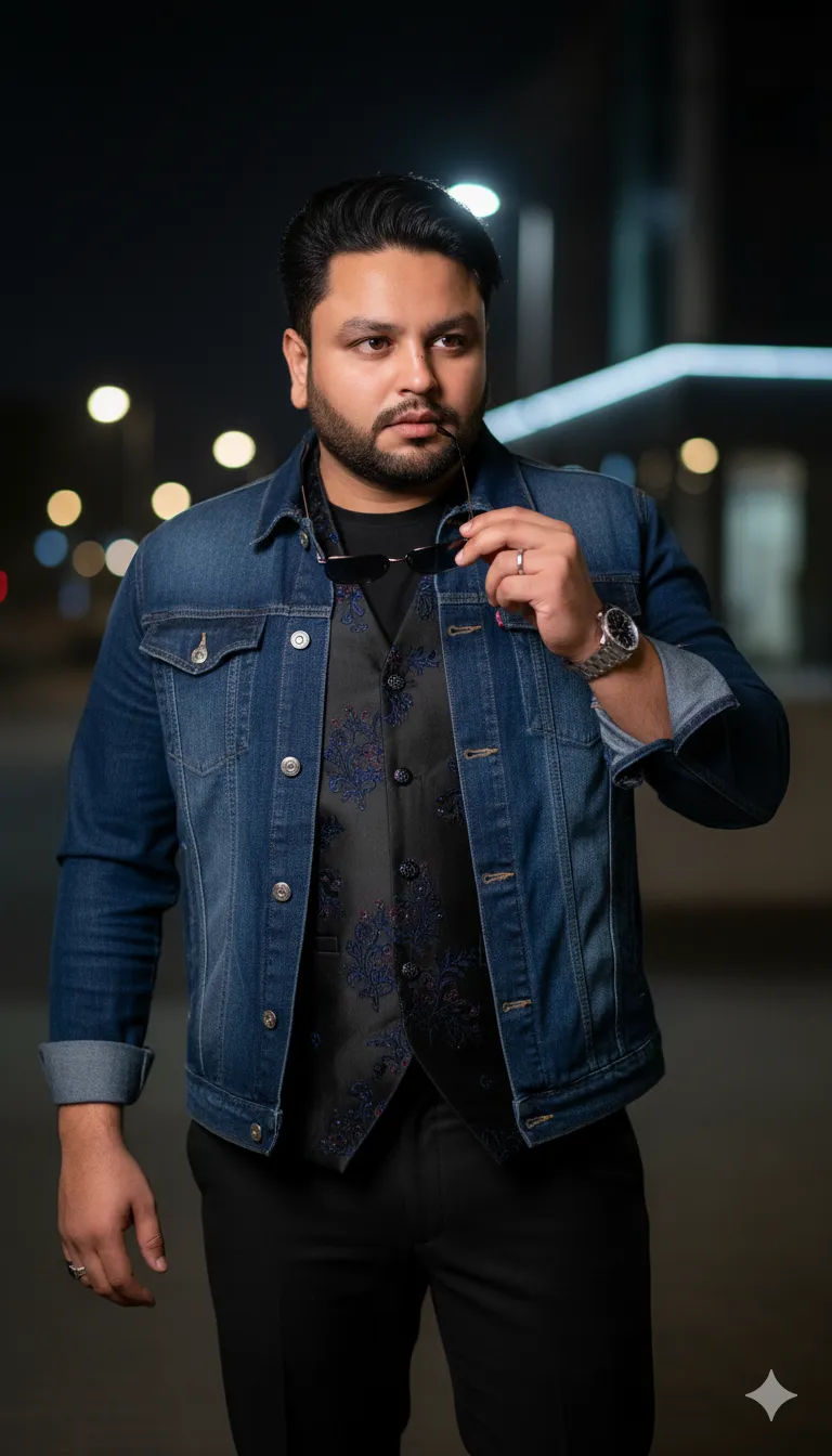 Rana Zeeshan Ahmad Founder & CEO For ITWORLD's AI Prompt 336 He wears a rich indigo denim jacket over a sleek black ensemble