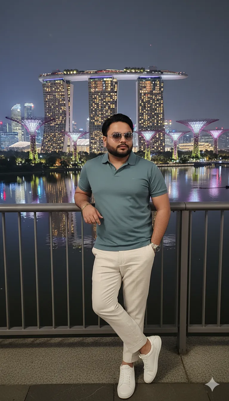 AI Prompt 339 face unchanged and highlighted. He's dressed in a modern resort-chic outfit