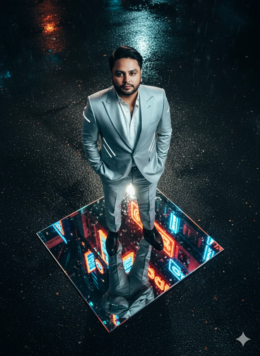 AI Prompt 34 A luxury fashion editorial overhead shot taken at night