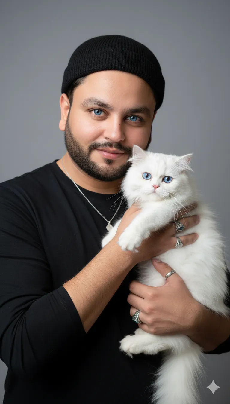 AI Prompt 342 holding a fluffy white cat with bright blue eyes.