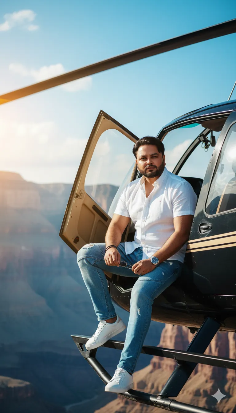 AI Prompt 343 sitting confidently on the open door frame of a luxury helicopter