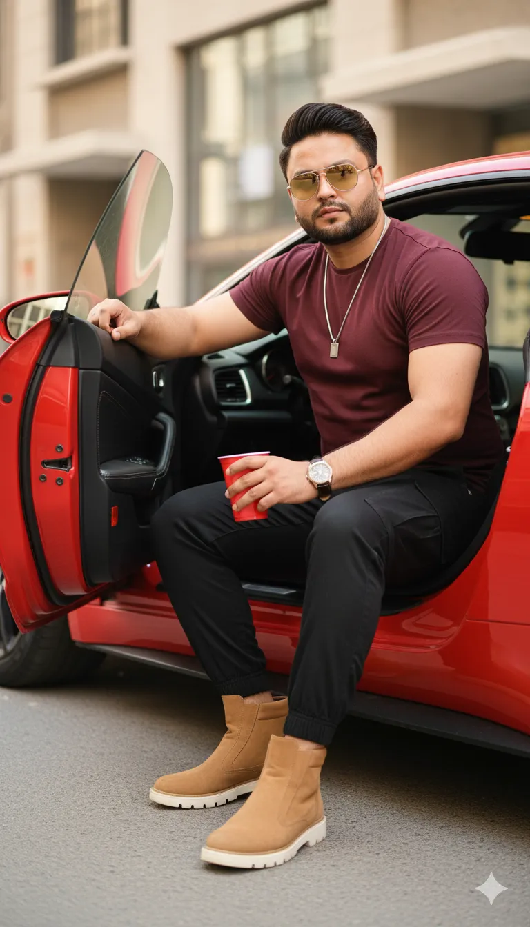 Rana Zeeshan Ahmad Founder & CEO For ITWORLD's AI Prompt 355 tan suede boots, styled for a modern, urban vibe