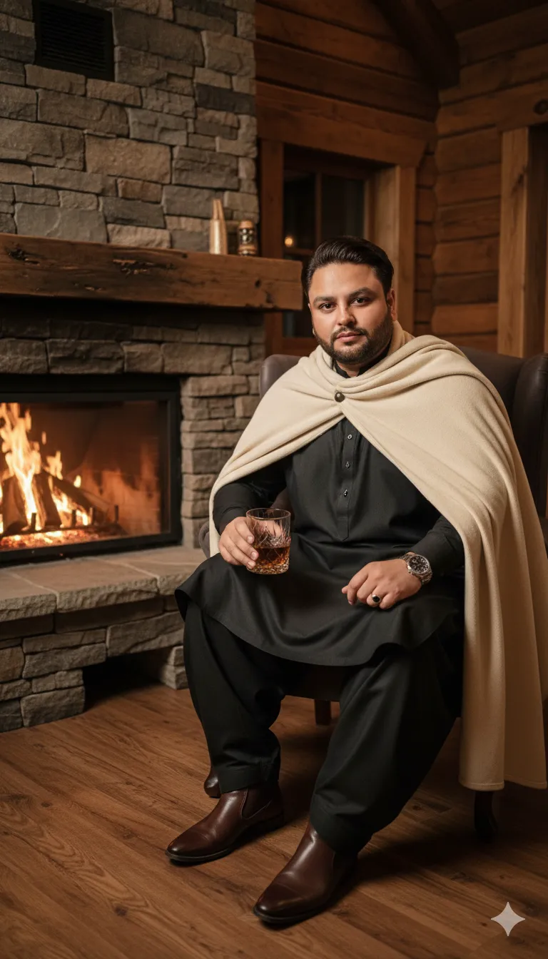 Rana Zeeshan Ahmad Founder & CEO For ITWORLD's AI Prompt 356 A handsome man sitting indoors by a rustic stone fireplace with warm