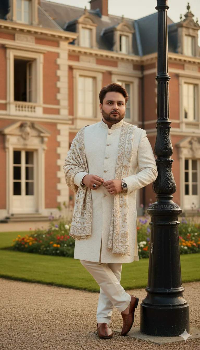 AI Prompt 357  Pakistani man standing outdoors in front of a grand historic mansion