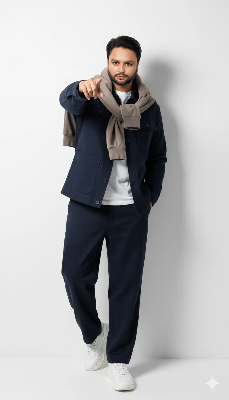 AI Prompt 363 A hyper-realistic full-body fashion editorial portrait of a man leaning against