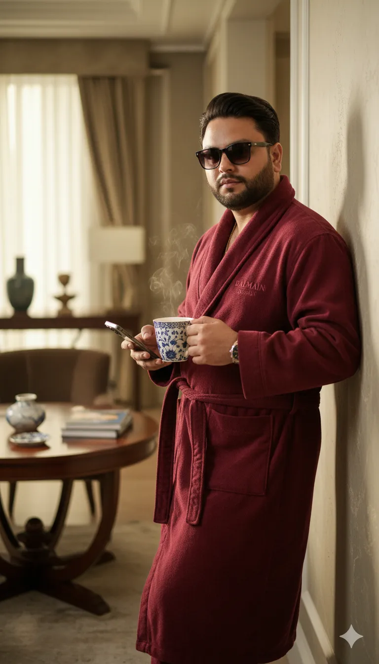 AI Prompt 364 leaning casually against a wall. He radiates effortless sophistication