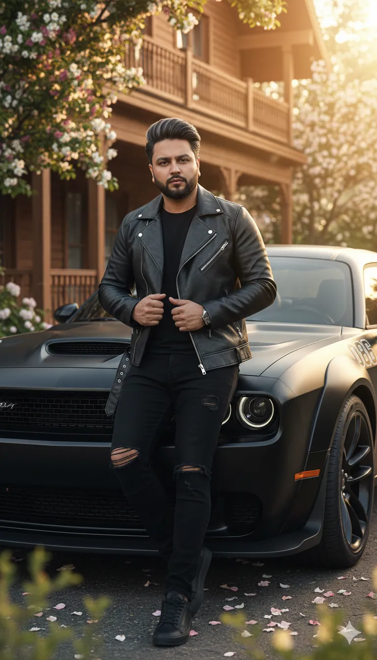 AI Prompt 366 Pakistani man leaning confidently against a matte black Dodge