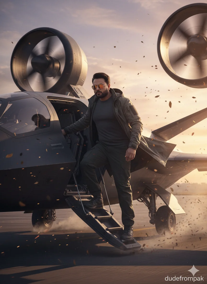 Rana Zeeshan Ahmad Founder & CEO For ITWORLD's AI Prompt 37 high-collar techwear jacket that billows in the powerful downdraft from the jet's vertical rotors.