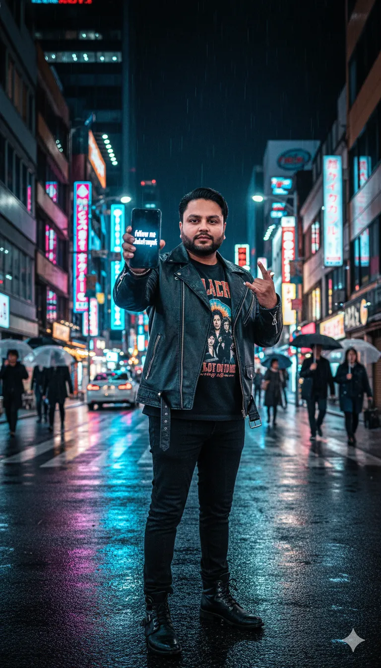 AI Prompt 375 His left hand forms a 'rock on' or 'devil horns' gesture