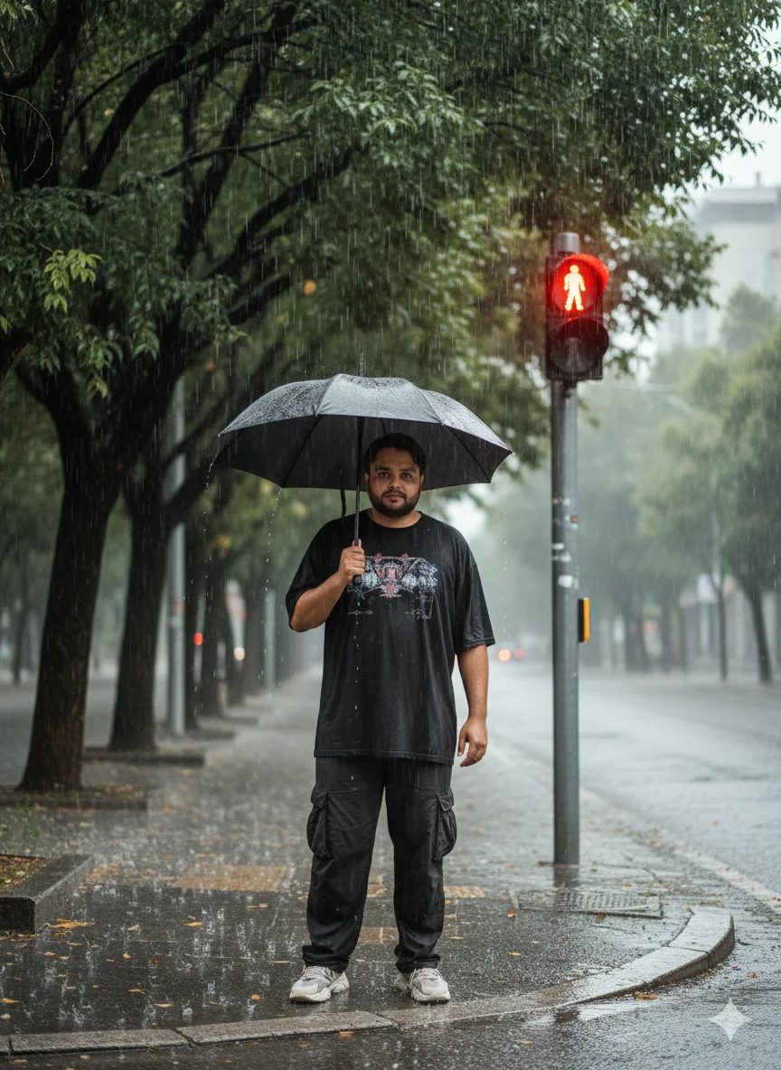 AI Prompt 38 Wearing an oversized black t-shirt, baggy pants, snekers.