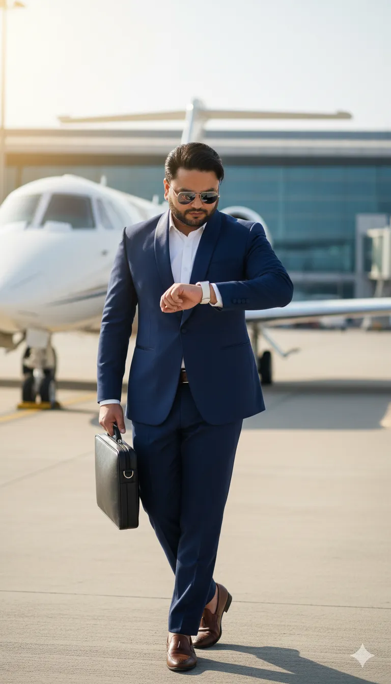 AI Prompt 382 He wears a luxury silver-framed pair of sunglasses and an Apple Watch Series 8