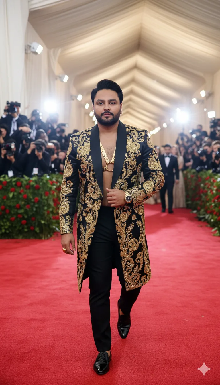 AI Prompt 384 Met Gala red carpet, paparazzi flashes and cheering fans behind velvet ropes