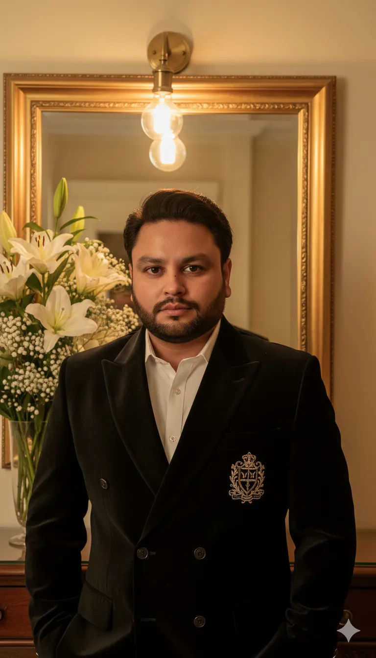 AI Prompt 385 A handsome, well-groomed man standing indoors under warm golden lighting