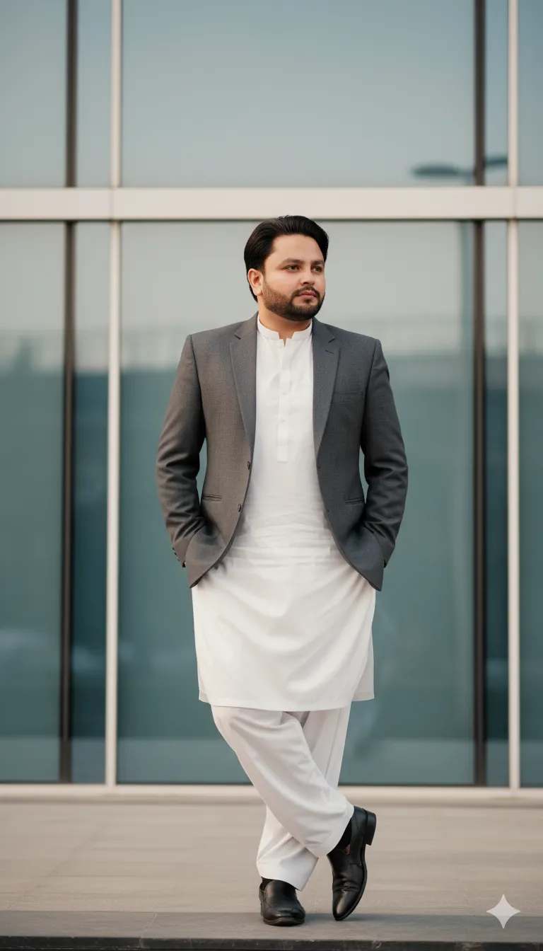 AI Prompt 386 shalwar kameez layered under a tailored grey