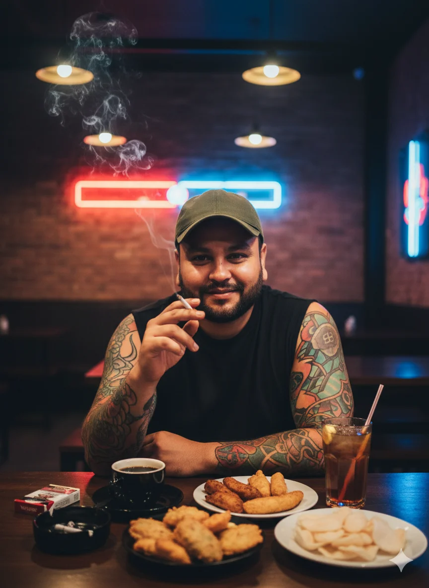 AI Prompt 39 A tattooed man with colorful sleeve tattoos,