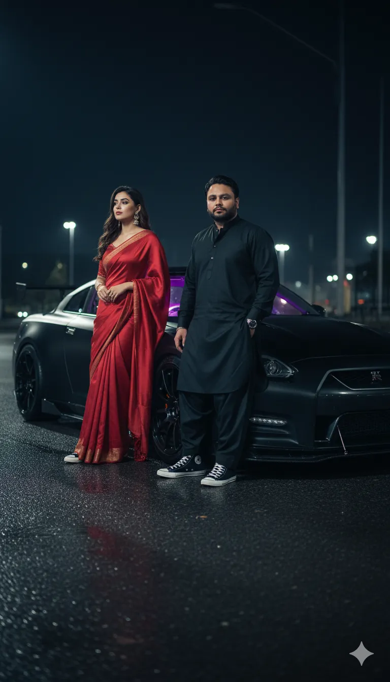 AI Prompt 390 The man wears a classic tailored black shalwar kameez with black and white Converse