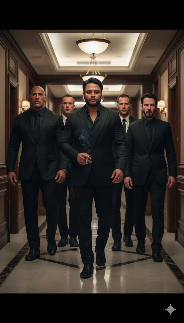 AI Prompt 393 He is surrounded by a formidable group of 3 bodyguards