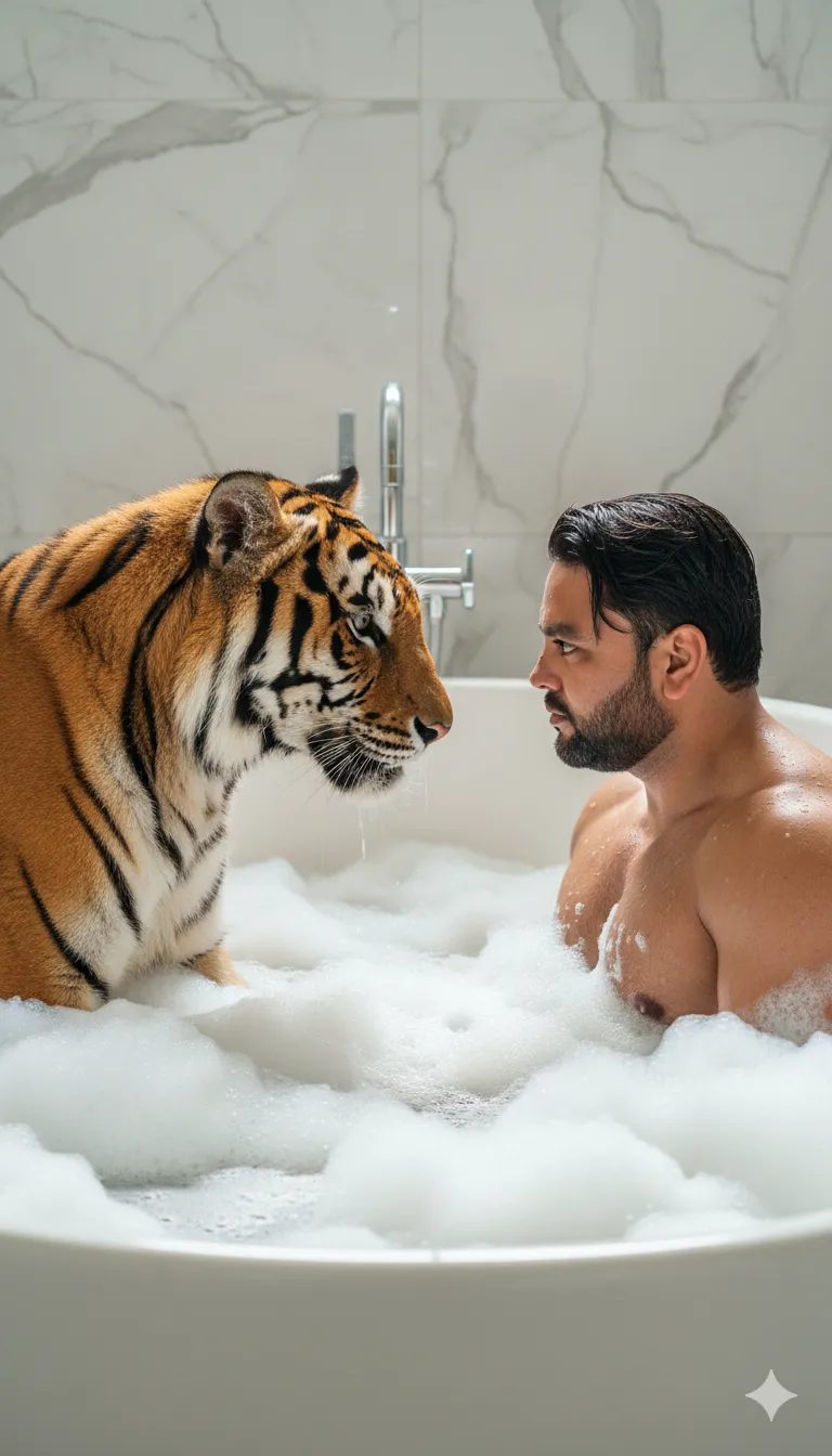 AI Prompt 398  Pakistani muscular man sitting in a large luxurious bathtub filled with foam