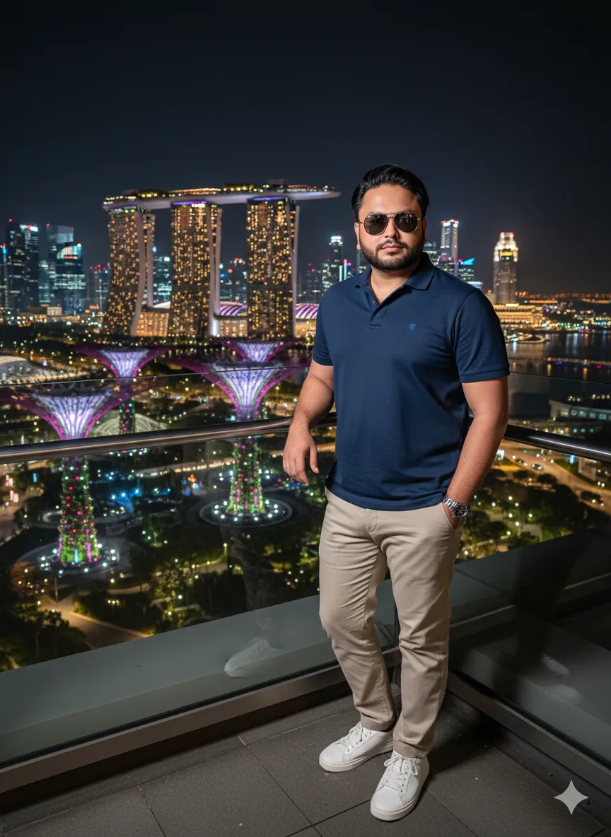 AI Prompt 4 Here's your hyper-realistic 8K full-body portrait of a stylish Pakistani man in Singapore