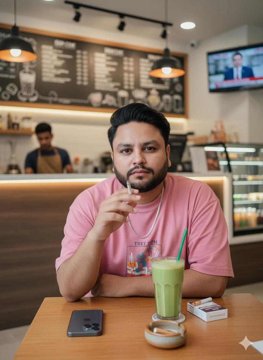 AI Prompt 40 Create A young South Asian man in his 30s with black comma-style hair