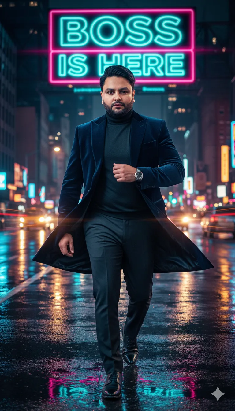 AI Prompt 401 dressed in a sharp midnight-blue velvet blazer over a black silk turtleneck with polished leather shoes