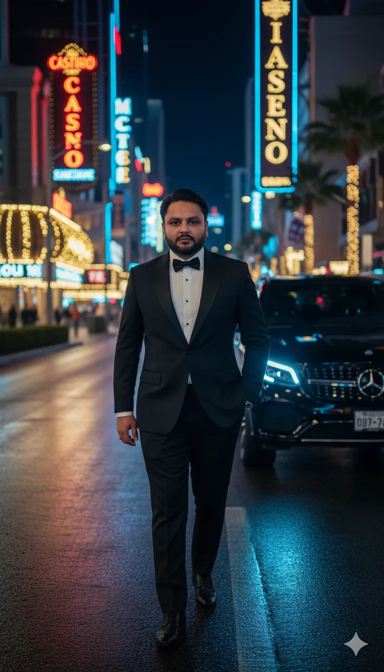 Rana Zeeshan Ahmad Founder & CEO For ITWORLD's AI Prompt 402 A confident man in a sharp black tuxedo with a bow tie walking down