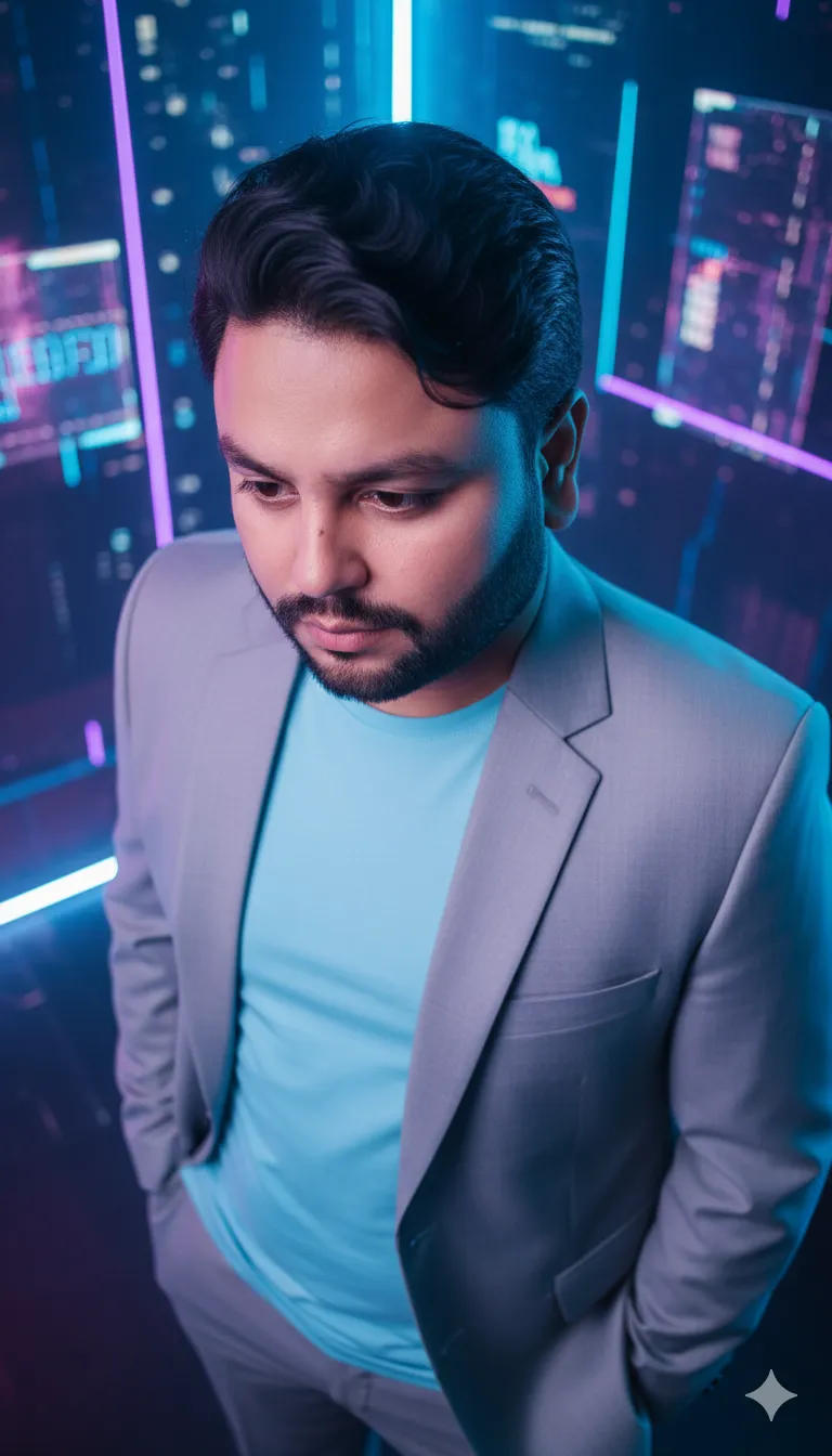 AI Prompt 404 A stylish young man with dark, curly hair and a neatly trimmed beard