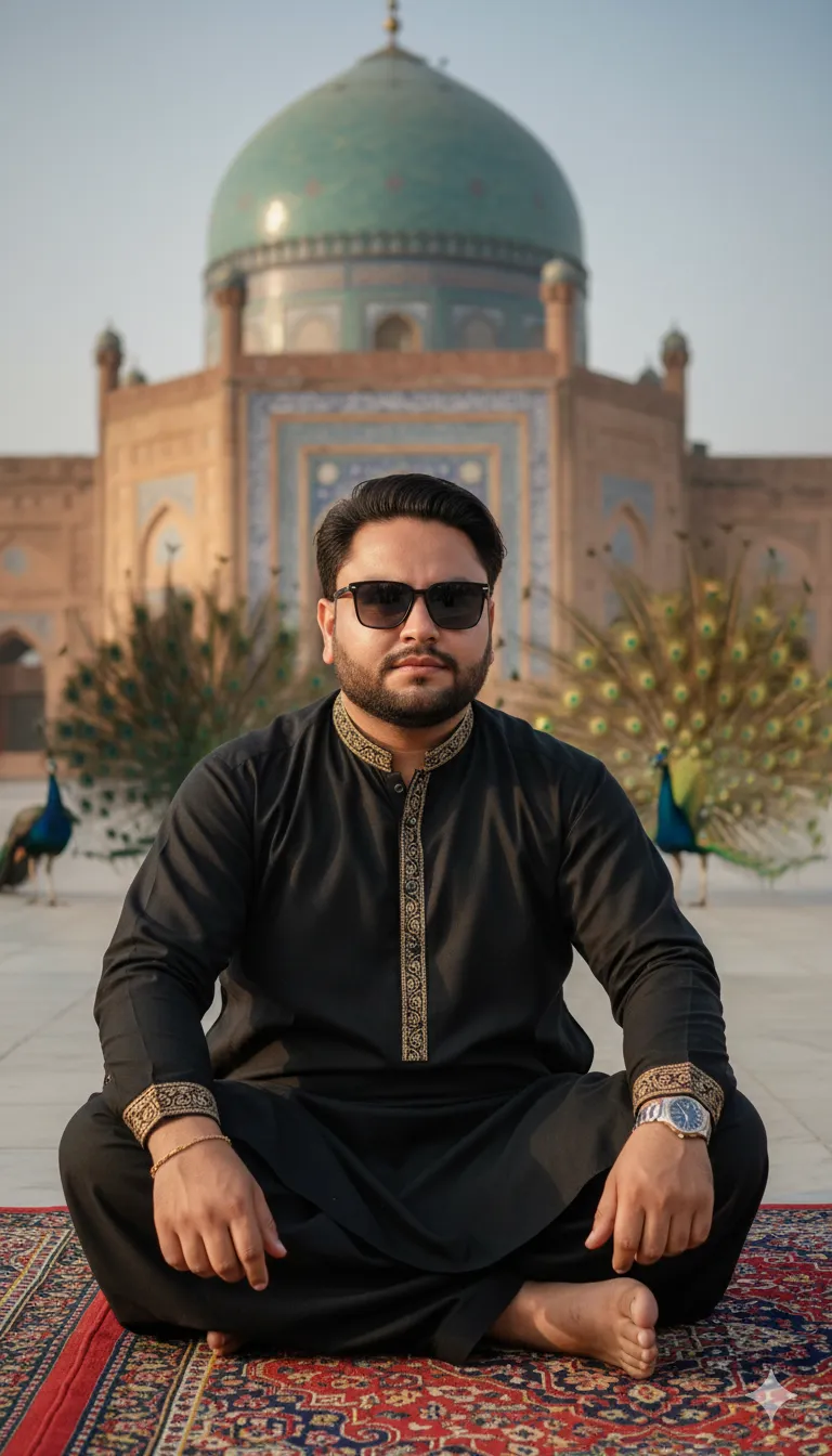 AI Prompt 408 sitting barefoot at the shrine of Shah Rukn-e-Alarm in Multan