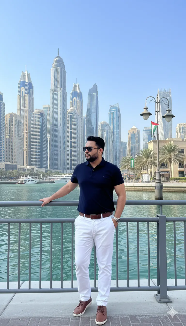 AI Prompt 411 The man is leaning slightly back with one hand resting on the railing