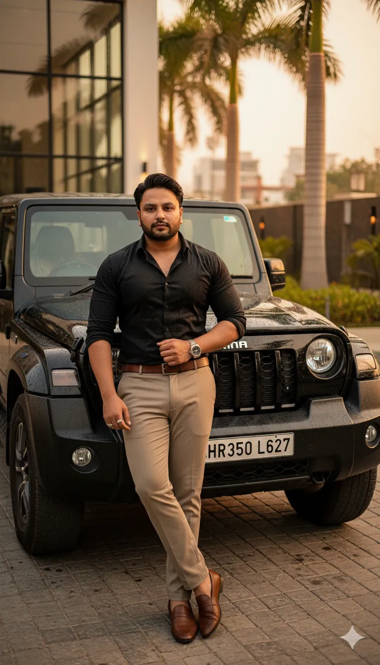 AI Prompt 412 He wears a tailored black shirt tucked into slim beige trousers