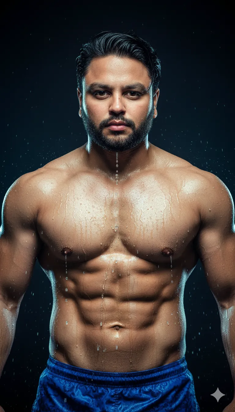 AI Prompt 413 Create a striking portrait of a muscular man standing against a dark