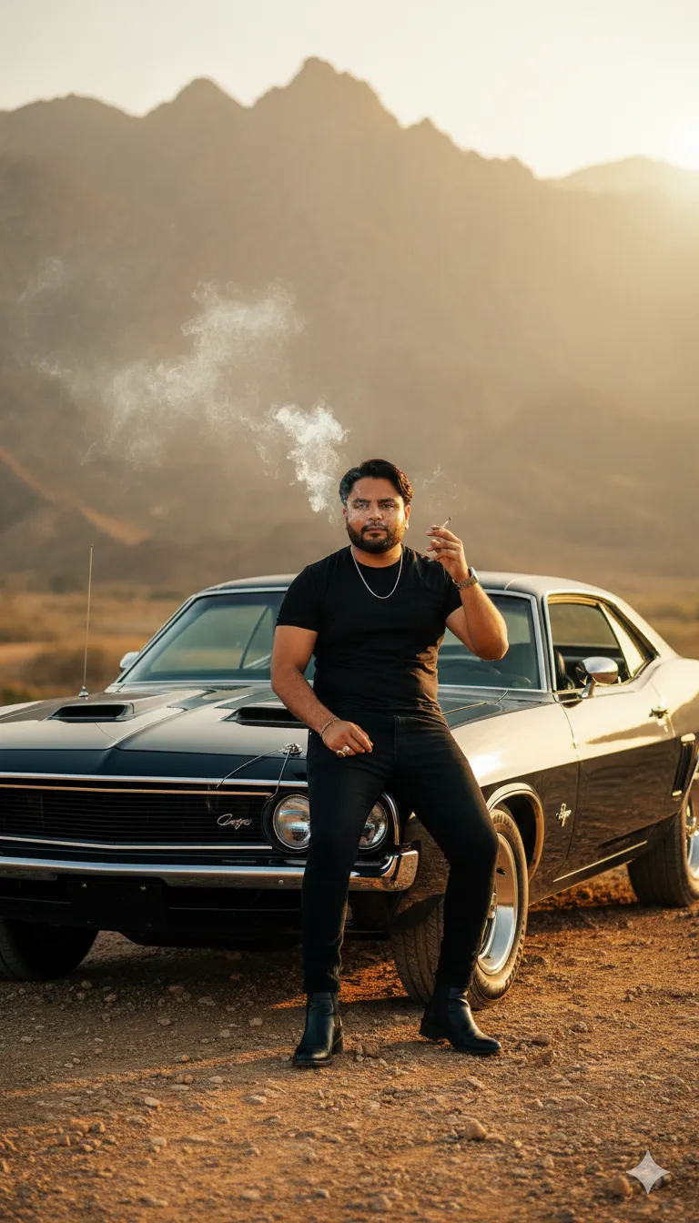 AI Prompt 414 young man reclining boldly on the hood of a sleek, vintage black car
