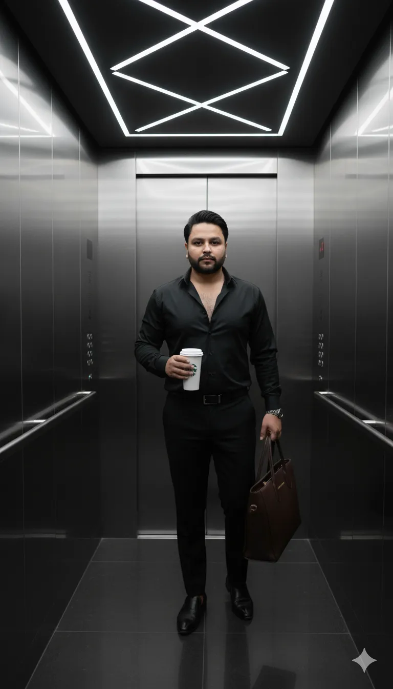 AI Prompt 415 showing his broad chest, paired with tailored black trousers.