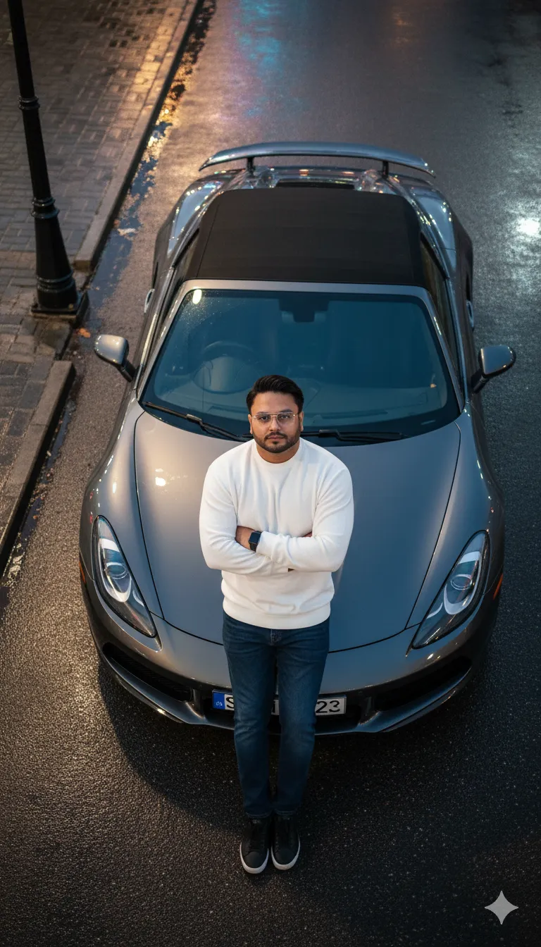 AI Prompt 418 A bird's-eye view photo shows a man leaning against the front