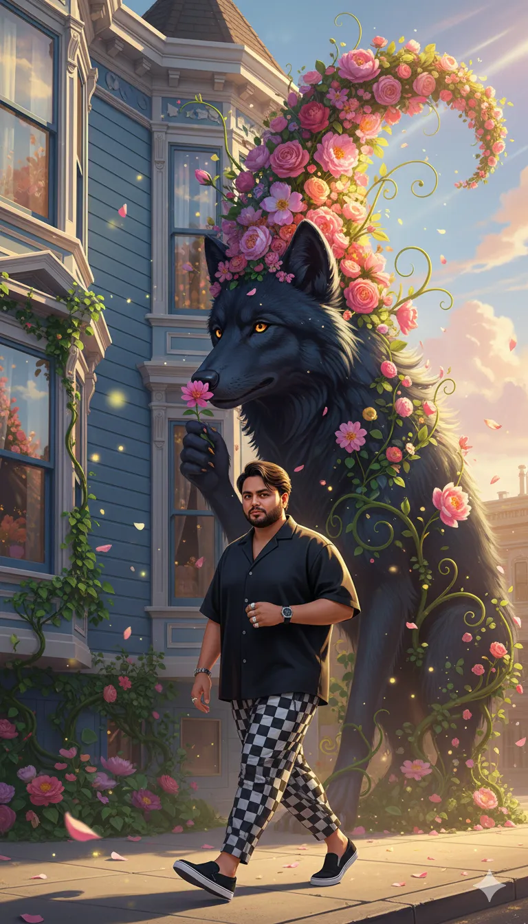 AI Prompt 420 A stylish man with a confident smirk strides past the sun-drenched side