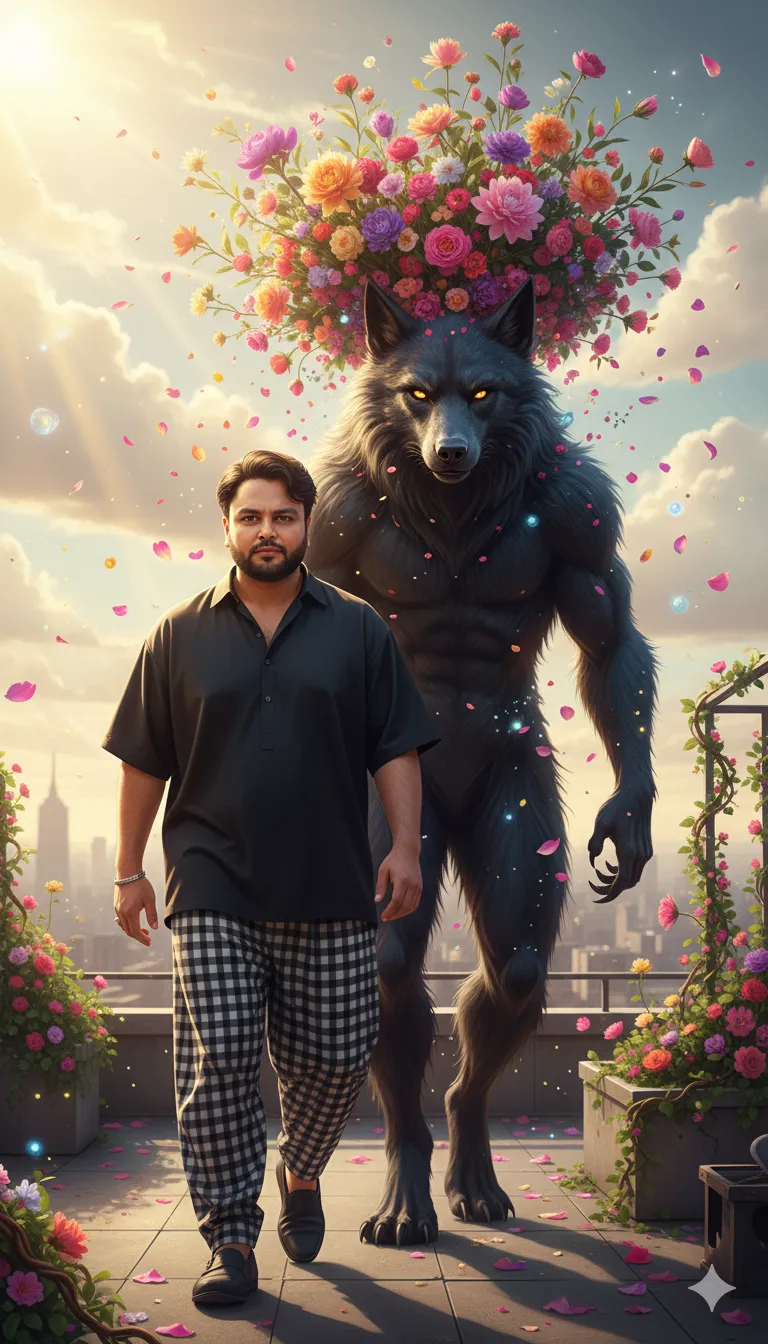 AI Prompt 421 The stylish man strides along a sunlit rooftop at late morning