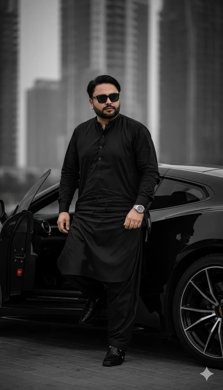 AI Prompt 427 A 35 years old stylish Pakistani man in a sleek black Shalwar Kameez