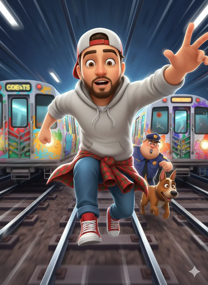 AI Prompt 43 A vibrant, cartoon-style selfie inspired by the Subway Surfers mobile game.