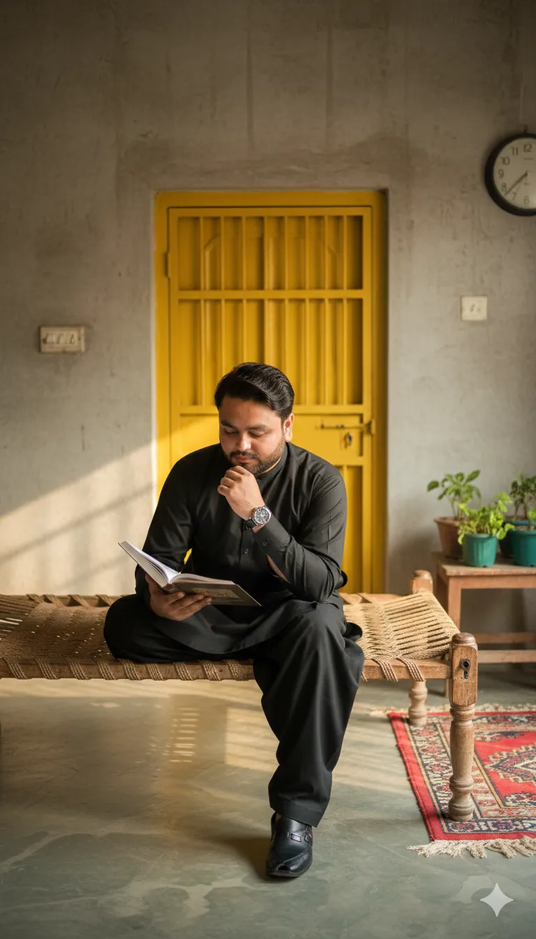 AI Prompt 435  He is seated on a traditional woven charpai (cot bed)