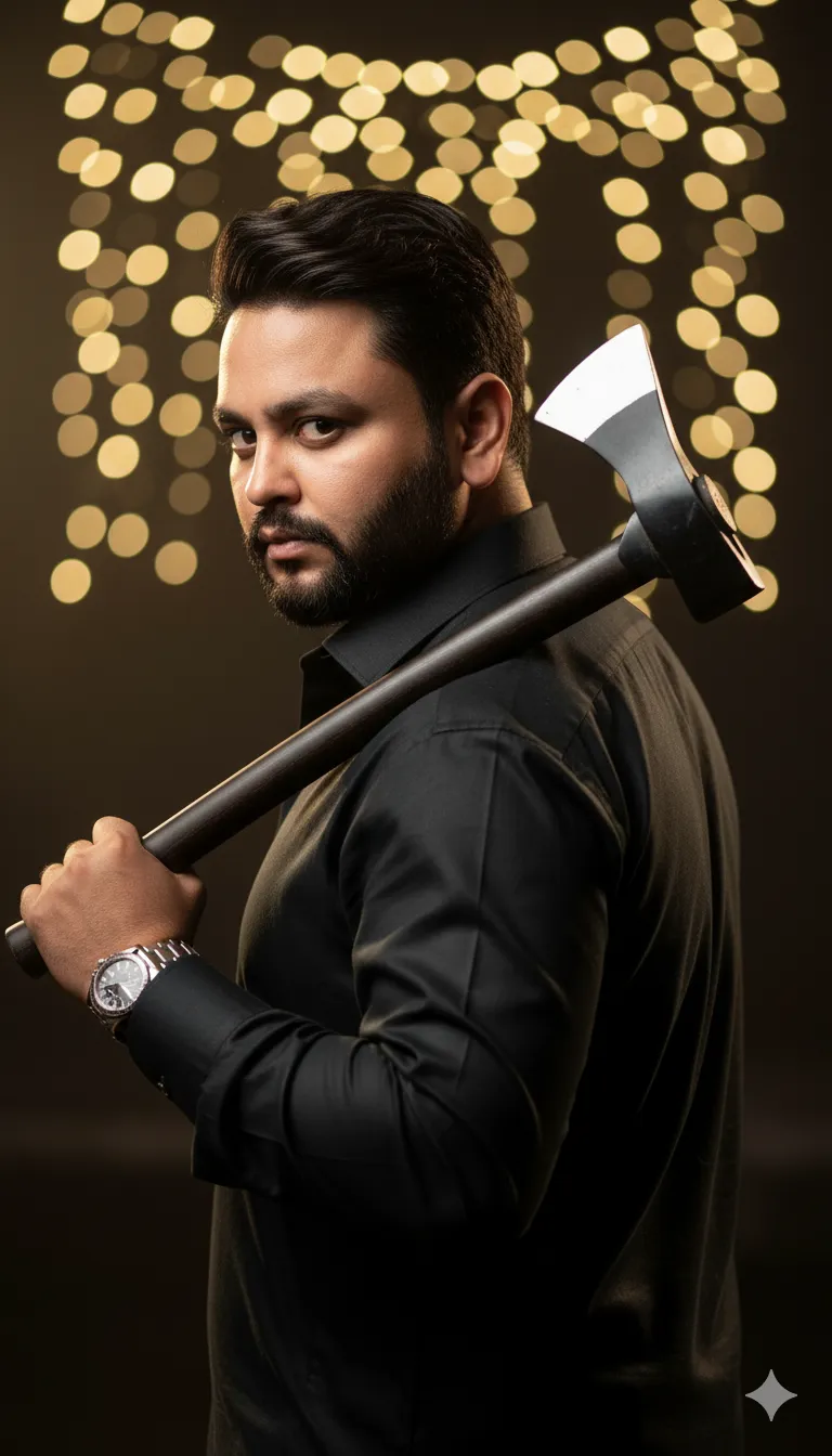 AI Prompt 436 Hyper-realistic 8K vertical (9:16) portrait of a rugged yet stylish man