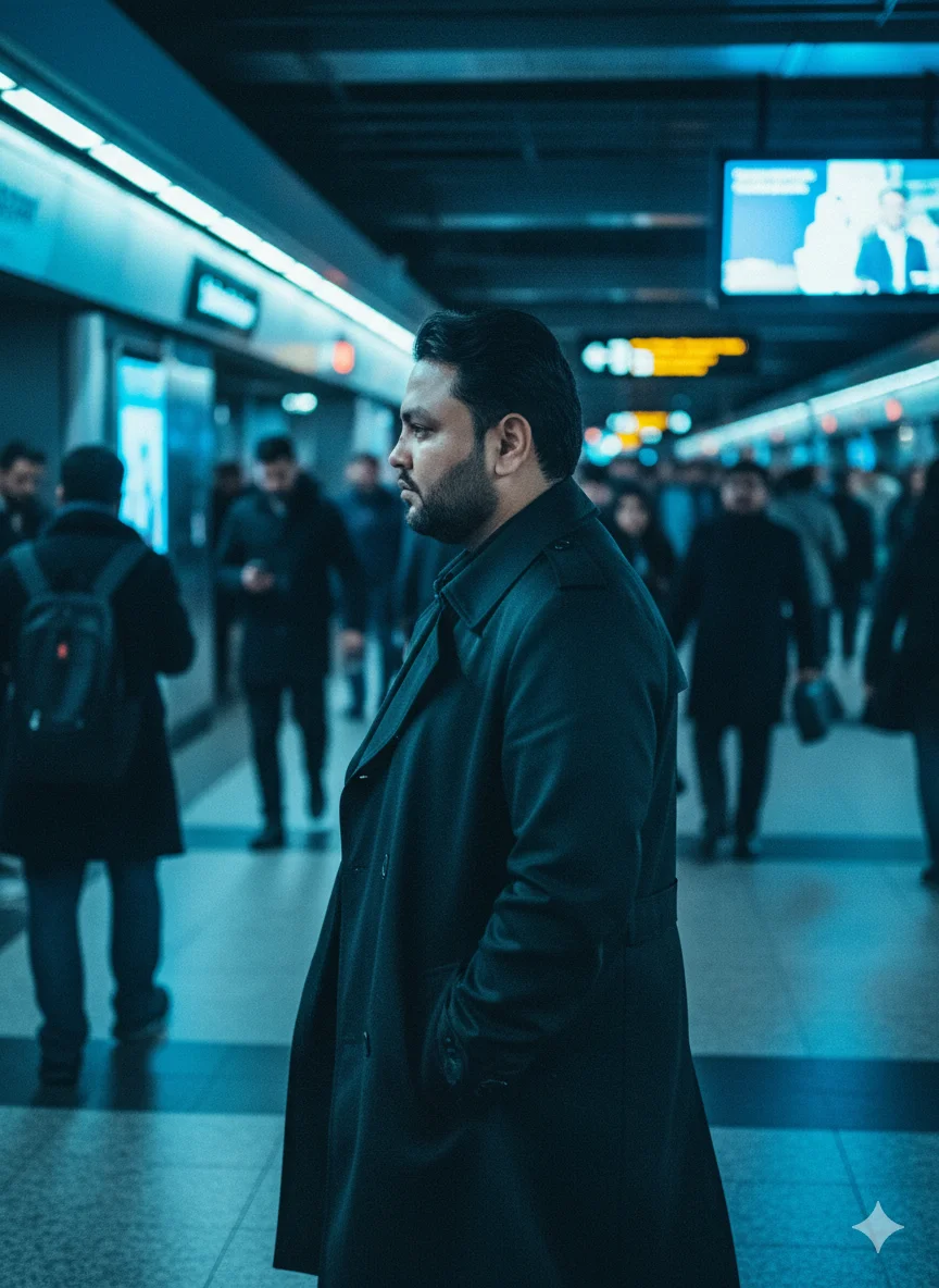 AI Prompt 44 Profile shot of me walking through a rushing metro station crowd.