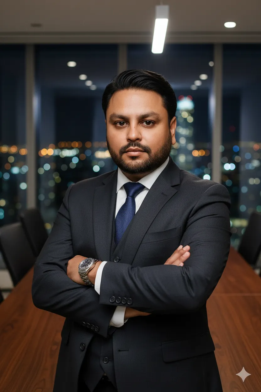 AI Prompt 444 authoritative posture with arms crossed or hands clasped, conveying leadership and success.