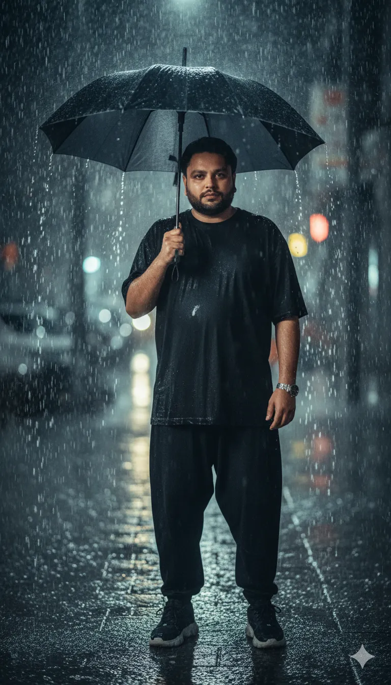 Rana Zeeshan Ahmad Founder & CEO For ITWORLD's AI Prompt 445 Cinematic 3:4 shot of me standing still on a rainy city sidewalk