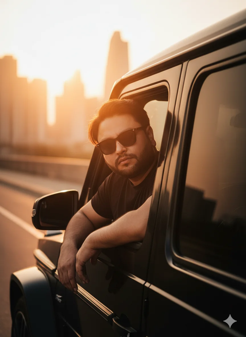 AI Prompt 45 Cinematic golden hour portrait of the same person from the original selfie